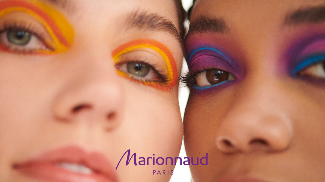 Two women with colorful eyeshadow and Marionnaud logo.