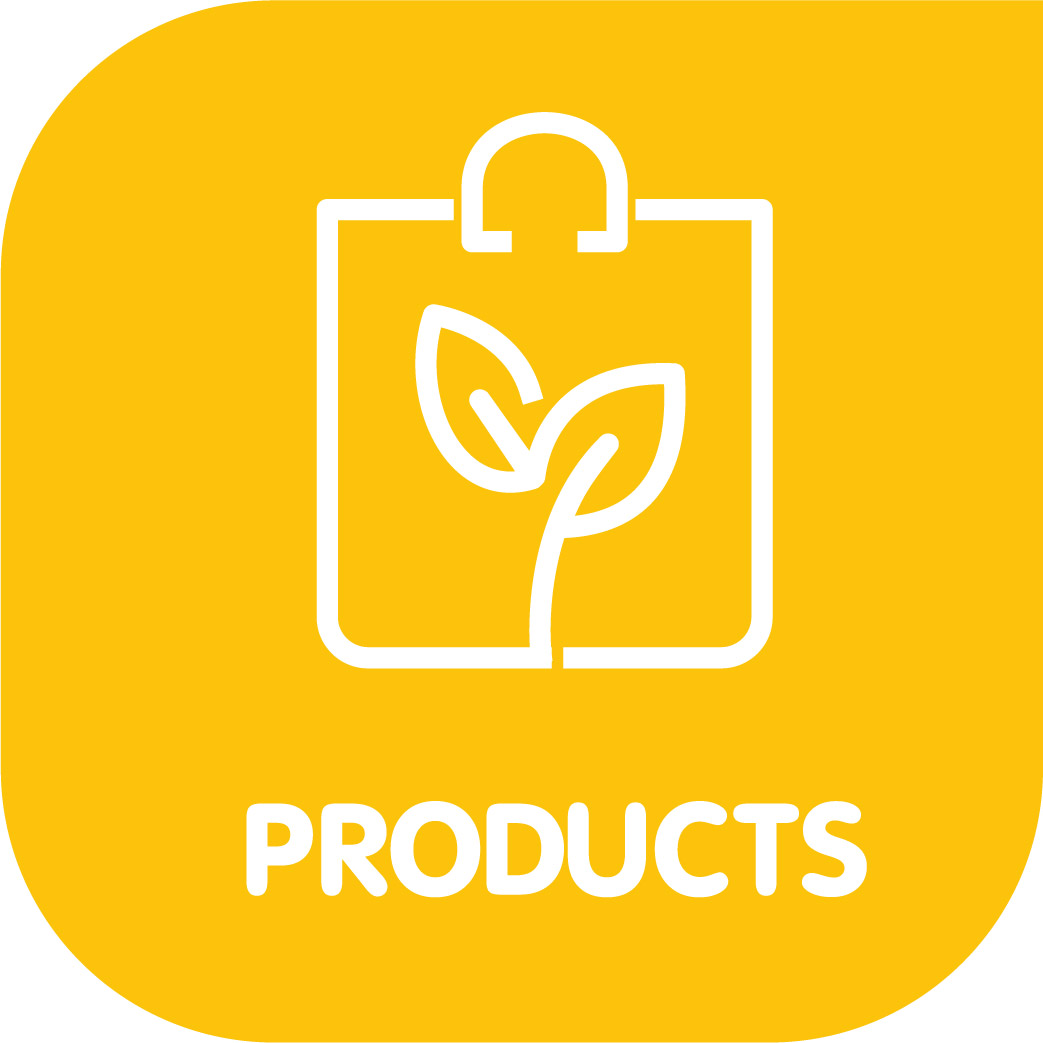 White outline of a shopping bag with leaves on a yellow background, text "PRODUCTS".