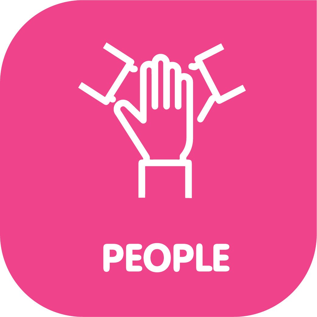 White hand icon with others reaching towards it, with the word "PEOPLE" on pink background.